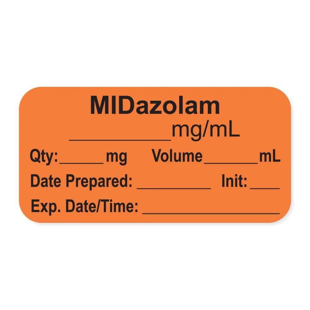 Anesthesia Label, With Experation Date, Time, And Initial, Paper, Permanent, "Midazolam Mg/Ml", 1" Core, 1-1/2" X 3/4", Orange, 500 Per Roll