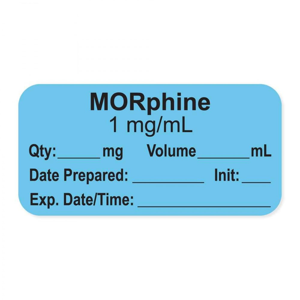 Anesthesia Label, With Experation Date, Time, And Initial, Paper, Permanent, "Morphine 1 Mg/Ml", 1" Core, 1-1/2" X 3/4", Blue, 500 Per Roll