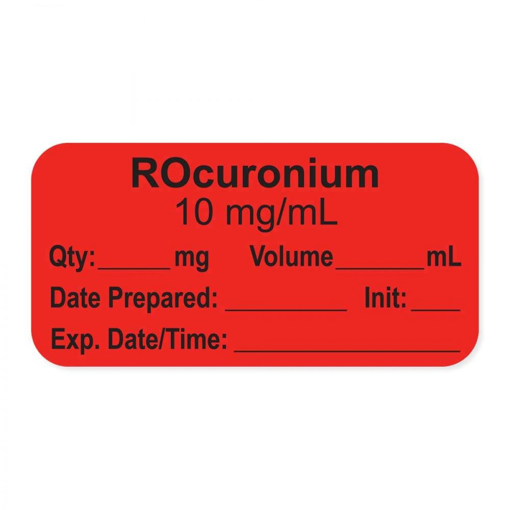 Anesthesia Label, With Experation Date, Time, And Initial, Paper, Permanent, "Rocuronium 10 Mg/Ml", 1" Core, 1-1/2" X 3/4", Fl. Red, 500 Per Roll