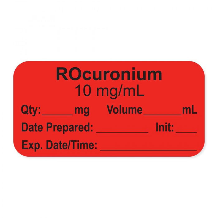 Anesthesia Label, With Experation Date, Time, And Initial, Paper, Permanent, "Rocuronium 10 Mg/Ml", 1" Core, 1-1/2" X 3/4", Fl. Red, 500 Per Roll