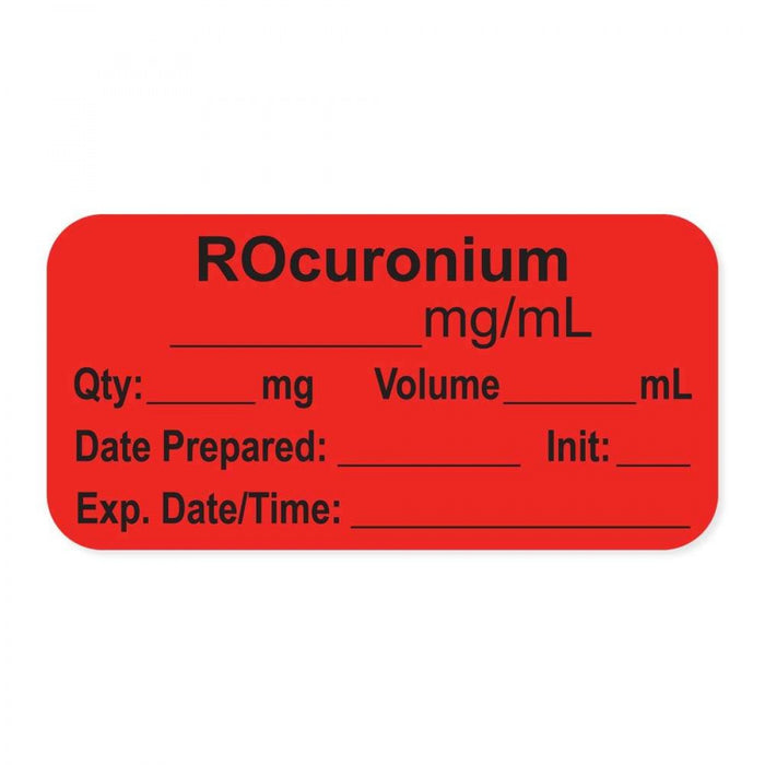 Anesthesia Label, With Experation Date, Time, And Initial, Paper, Permanent, "Rocuronium Mg/Ml", 1" Core, 1-1/2" X 3/4", Fl. Red, 500 Per Roll