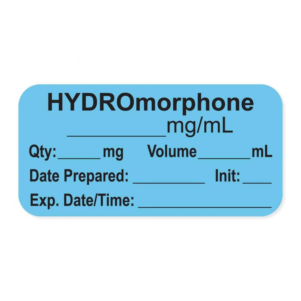 Anesthesia Label, With Experation Date, Time, And Initial, Paper, Permanent, "Hydromorphone Mg/Ml", 1" Core, 1-1/2" X 3/4", Blue, 500 Per Roll