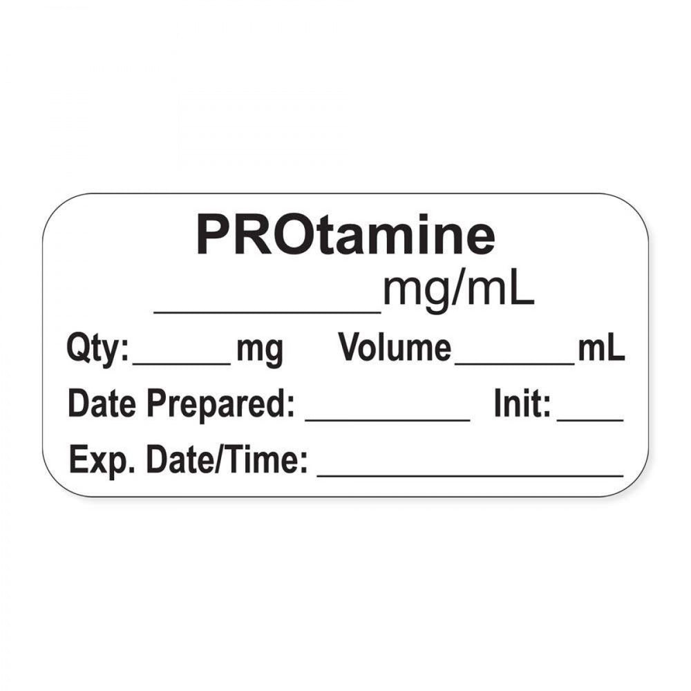 Anesthesia Label, With Experation Date, Time, And Initial, Paper, Permanent, "Protamine Mg/Ml", 1" Core, 1-1/2" X 3/4", White, 500 Per Roll