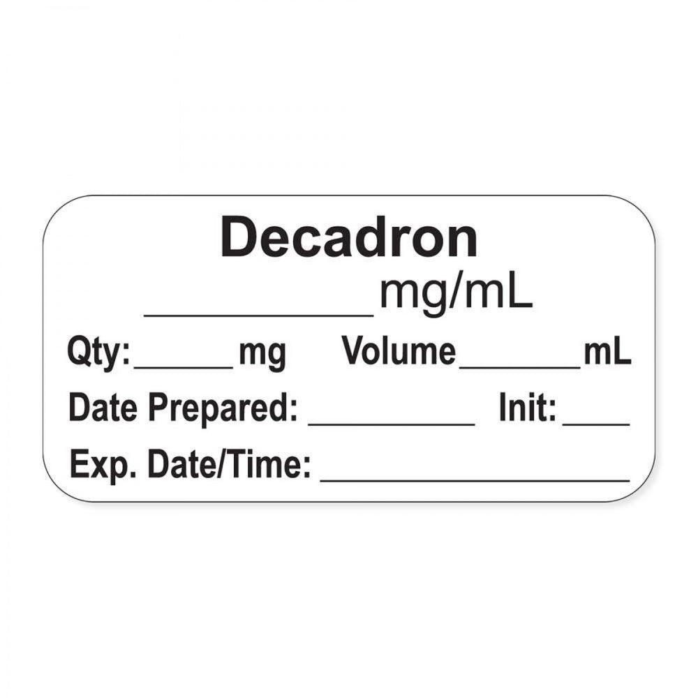 Anesthesia Label, With Experation Date, Time, And Initial, Paper, Permanent, "Decadron Mg/Ml", 1" Core, 1-1/2" X 3/4", White, 500 Per Roll