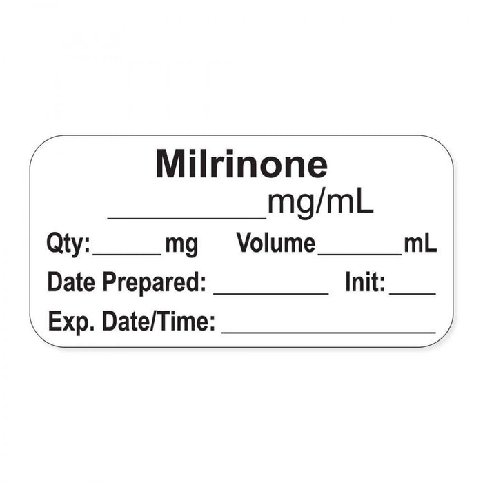 Anesthesia Label, With Experation Date, Time, And Initial, Paper, Permanent, "Milrinone Mg/Ml", 1" Core, 1-1/2" X 3/4", White, 500 Per Roll