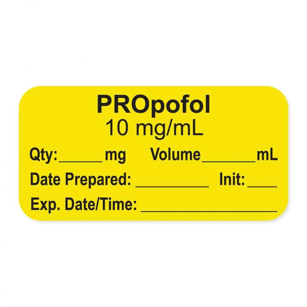 Anesthesia Label, With Experation Date, Time, And Initial, Paper, Permanent, "Propofol 10 Mg/Ml", 1" Core, 1-1/2" X 3/4", Yellow, 500 Per Roll
