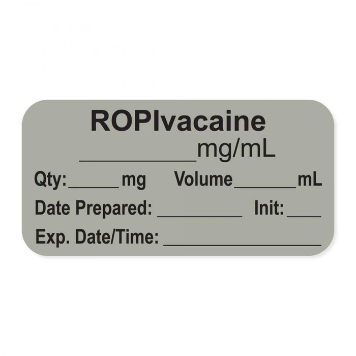 Anesthesia Label, With Experation Date, Time, And Initial, Paper, Permanent, "Ropivacaine Mg/Ml", 1" Core, 1-1/2" X 3/4", Gray, 500 Per Roll