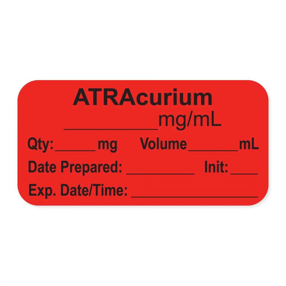 Anesthesia Label, With Experation Date, Time, And Initial, Paper, Permanent, "Atracurium Mg/Ml", 1" Core, 1-1/2" X 3/4", Fl. Red, 500 Per Roll