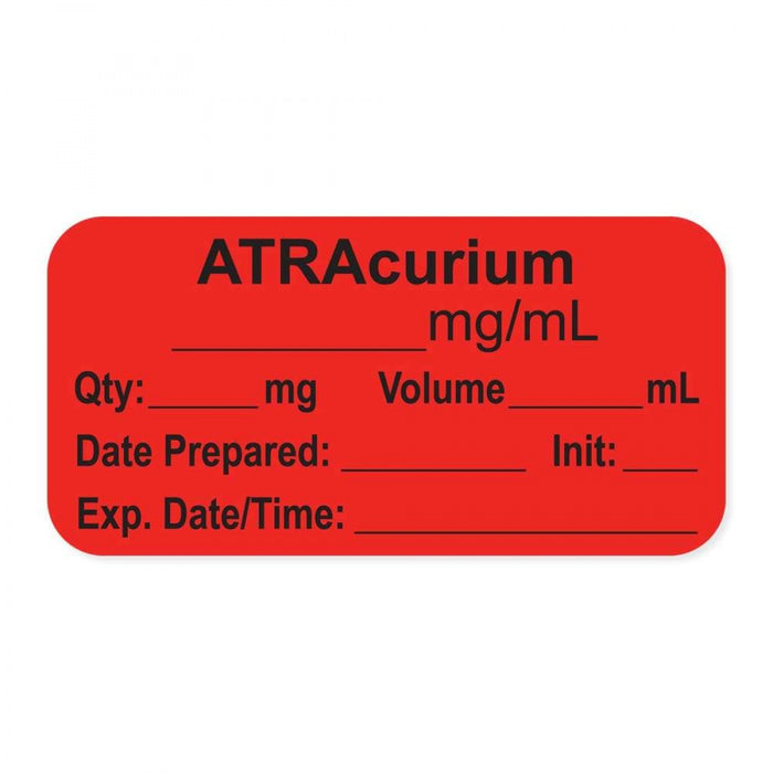 Anesthesia Label, With Experation Date, Time, And Initial, Paper, Permanent, "Atracurium Mg/Ml", 1" Core, 1-1/2" X 3/4", Fl. Red, 500 Per Roll