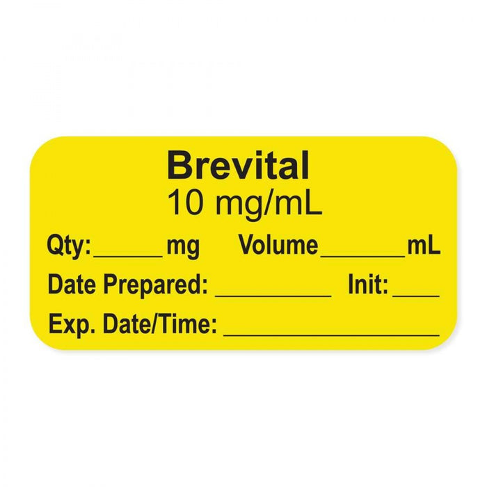 Anesthesia Label, With Experation Date, Time, And Initial, Paper, Permanent, "Brevital 10 Mg/Ml", 1" Core, 1-1/2" X 3/4", Yellow, 500 Per Roll