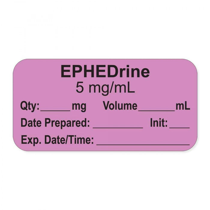 Anesthesia Label, With Experation Date, Time, And Initial, Paper, Permanent, "Ephedrine 5 Mg/Ml", 1" Core, 1-1/2" X 3/4", Violet, 500 Per Roll