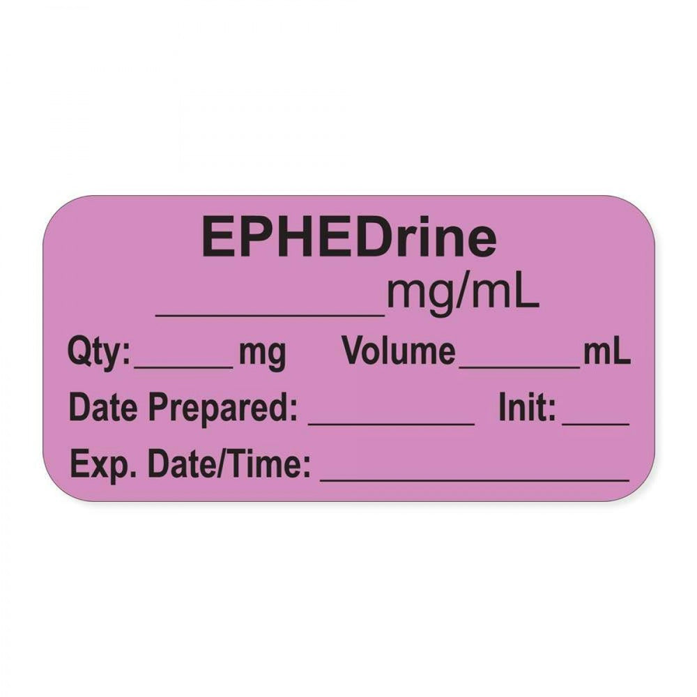 Anesthesia Label, With Experation Date, Time, And Initial, Paper, Permanent, "Ephedrine Mg/Ml", 1" Core, 1-1/2" X 3/4", Violet, 500 Per Roll