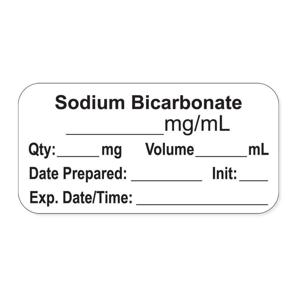 Anesthesia Label, With Experation Date, Time, And Initial, Paper, Permanent, "Sodium Bicarbonate Mg/Ml", 1" Core, 1-1/2" X 3/4", White, 500 Per Roll
