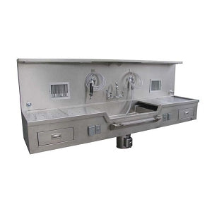 Mortech Manufacturing Wall-Mounted Autopsy Stations - Wall-Mounted Autopsy Station with Center Sink, 114" L x 29" D x 61" H - 1036-10