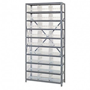 Quantum Storage Systems 12" Deep Steel Shelving Kits with Clear Bins - Steel Shelving Kit with 27 Clear Bins, 36" W x 12" D x 75" H - 1275-209CL