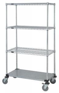 Quantum Storage Systems Mobile Shelf Carts with Three Wire and One Solid Shelves - 18"w x 36"L x 80"H Mobile Cart with 1 Solid and 3 Wire Shelves - M1836CG47