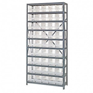 Quantum Storage Systems 18" Deep Steel Shelving Kits with Clear Bins - Steel Shelving Kit with 45 Clear Bins, 36" W x 18" D x 75" H - 1875-204CL