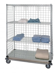 Quantum Storage Three-Sided Linen Carts - 3-Sided 24" x 48" x 81" Linen Cart with 3 Wire Shelves, 1 Solid Shelf and Dolly Base - WRDBS4742448EP