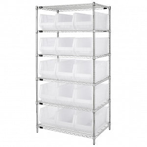 Quantum Storage Systems Clear-View Hulk 24" Containers and Wire Shelving Systems - 24" x 36" x 74" Chrome Shelving Unit with 15 Clear-View Hulk Bins - WR6-953CL