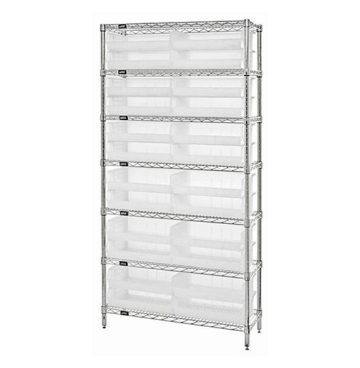 Quantum Storage Systems Clear-View Ultra Stack and Hang Bins and Wire Shelving Systems - 12" x 36" x 74" Wire Shelving with 7 Shelves and 24 Clear-View Ultra Stack-and-Hang Bins - WR7-245CL