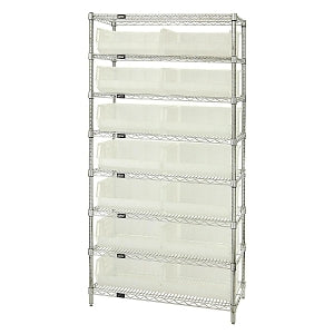 Quantum Storage Systems Clear-View Ultra Stack and Hang Bins and Wire Shelving Systems - 14" x 36" x 74" Wire Shelving with 8 Shelves and 14 Clear-View Ultra Stack-and-Hang Bins - WR8-250CL
