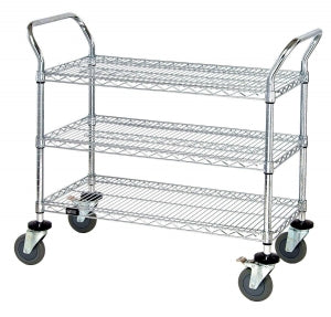 Quantum Storage Chrome Wire Utility Cart - Mobile 18" x 36" x 37.5" Cart with Three Chrome Wire Shelves - WRC-1836-3CG