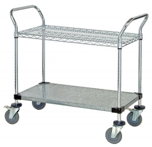 Quantum Storage Systems Chrome Wire Utility Carts - Mobile Utility Cart, 2 Wire Shelves, 1 Solid Shelf, 24" W x 48" L x 37.5" H - WRC24483CG