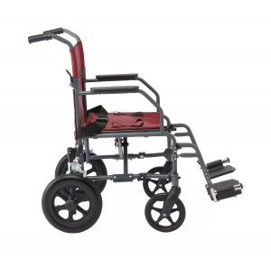 Medline Aluminum Transport Chair with 12" Wheels - Basic Aluminum Transport Chair with Permanent Full-Length Arms, Swing-Away Footrests and 12" Wheels, Gray and Burgundy - MDS808210KDR