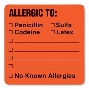MarketLab Patient Chart Label - LABEL, ALLERGIC TO, FL RED - 14922
