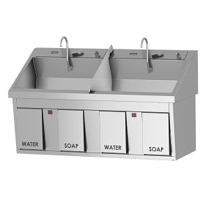 Mac Medical Stainless Steel Surgical Scrub Sinks - Surgical Scrub Sink with Knee Operated Water, Dual Station, 27.5"D x 64"W x 37"H, Infrared Operation, Manual Bypass, Digital Scrub Timer - SS64-IR-MB-TM