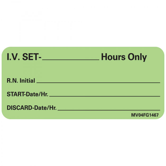 Label Paper Removable I.V. Set- Hours Only 1" Core 2 1/4" X 1 Fl. Green 420 Per Roll