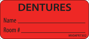 Label Paper Permanent Dentures Name Room# 1" Core 2 1/4" X 1 Fl. Red 420 Per Roll