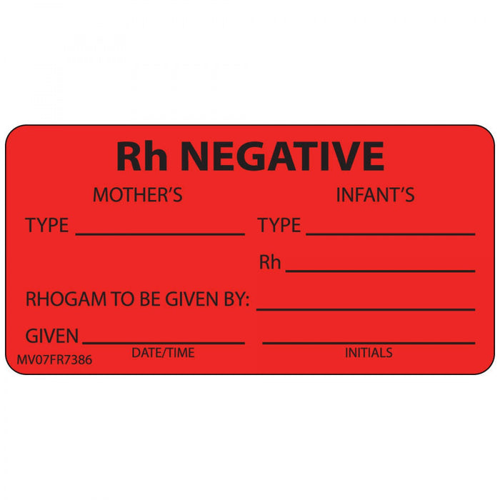 Label Paper Permanent Rh Negative Mothers 1" Core 2 15/16" X 1 1/2" Fl. Red 333 Per Roll