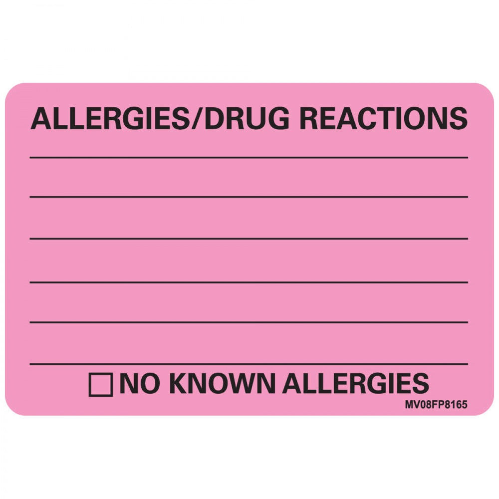 Label Paper Removable Allergies/Drug 1" Core 2" 15/16" X 2 Fl. Pink 333 Per Roll