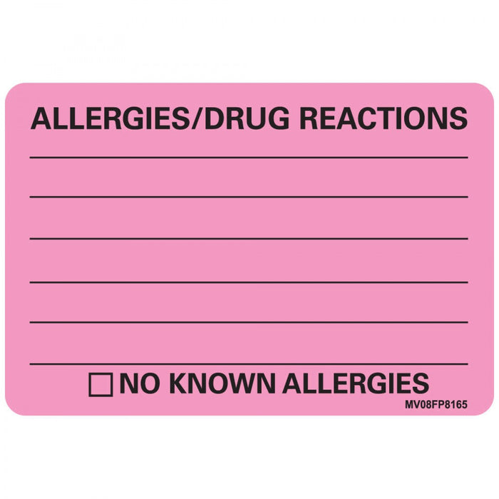 Label Paper Removable Allergies/Drug 1" Core 2" 15/16" X 2 Fl. Pink 333 Per Roll