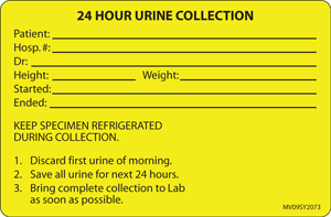 Label Paper Permanent 24 Hour Urine 1" Core 4 X 2 5/8" Yellow 375 Per Roll