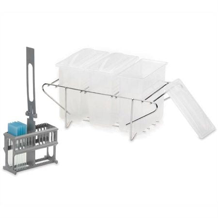 Manual Staining Set Staining Set - Plastic Dipper & Steel Rack with Tubs - 8.5"L x 4.3125"W x 4.3125"H