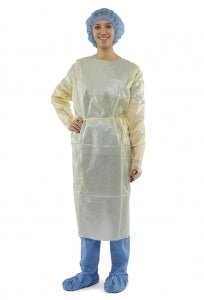 Medline Over-Head Full-Back Poly Coated Isolation Gowns - Poly-Coated Overhead Isolation Gown with Full Back and Thumb Loop Wrists, Yellow, Size XL - NON27360XL