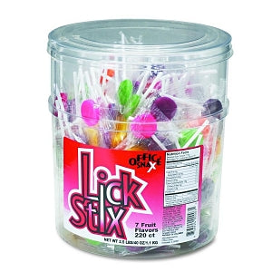 Office Snax Candy Suckers - Lick Stix Suckers, Seven Assorted Fruit Flavors, 220/Canister - 00003