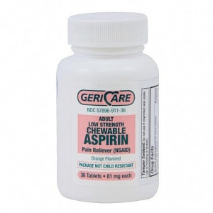 Geri-Care Pharmaceuticals Aspirin Chewable Tablets - Orange Flavor Chewable Aspirin, 81 mg, 36 Tablets - 57896-0911-36