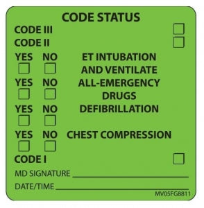 PDC Healthcare Label Paper - Code Status Label, Removable, 2-7/16" x 2-1/2", Green - MV05FG8811
