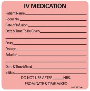 Pink Intrav Label PDC Healthcare Permanent IV Medication Labels - Permanent 7/16