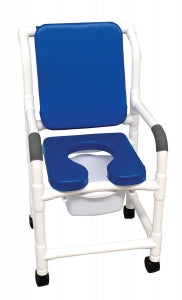 MJM PVC Shower Chairs with Deluxe Elongated Soft Seat - Deluxe Elongated Soft Seat Shower Chair, Open Front, Antislip Handgrips, 10 qt. Commode Pail, Blue, 3" Casters - 118-3-SSDE-CBP-SQ-PAIL-BL