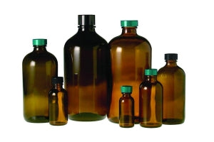 Qorpak Amber Boston Round BTLS W/Phenolic Pulp / Tin Foil Cap - Narrow Mouth Amber Boston Round Bottle with Black Phenolic Pulp / Tin Foil Cap Attached, 4 oz., Bulk Pack - GLC-01936
