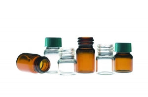 Qorpak Amber Compound Vials - Amber Borosilicate Glass Sample Vial, with Green Thermoset F217 and PTFE Lined Cap, 0.5 dr., 13-425 Neck Finish - GLC-08768