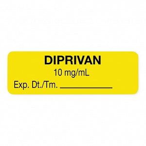 United Ad Label Co. Drug Tape / Labels - Diprivan Label, 10 mg / mL, Expiration Date / Time, Yellow, 1-1/2" x 1/2", Permanent, 610 Labels / Roll - ULAL12004