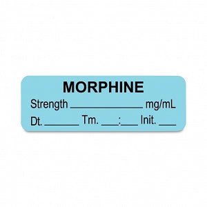 United Ad Label Co. Drug Tape / Labels - Morphine Label, Strength (mg / mL), Expiration Date, Time, Initial, Light Blue, 1-1/2" x 1/2", Permanent, 1000 Labels / Roll - ULAL762-D