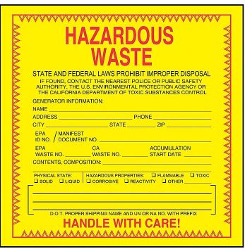 "Hazardous Waste" Label, California, 6" x 6"