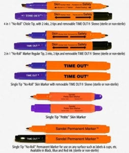 Ansell Sandel 2-in-1 and 4-in-1 Time Out Skin Markers - Time Out 4-in-1 Dual Tip / Dual Ink Surgical Skin / Permanent Marker with Chiseled Tip, 8 Labels, Time Out Sleeve and Flexible Ruler, Sterile - 1041-LR