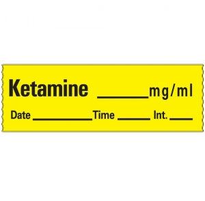 Brady Worldwide Removable Labetalol Anesthesia Tape - "Ketamine mg / mL" Tape, 1/2" x 500", Yellow - 59726120